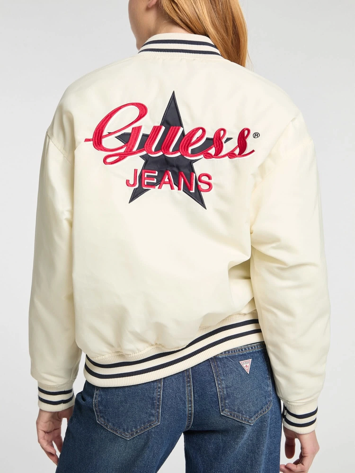 GUESS JEANS Kadın Varsity Ceketi Şerit Detaylı Bej Ceket