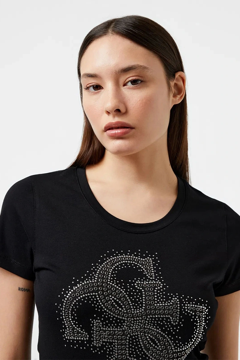 Guess Kadın 4G Logolu Siyah Streç T-shirt