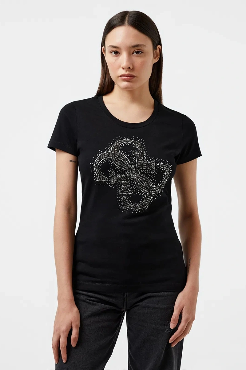 Guess Kadın 4G Logolu Siyah Streç T-shirt