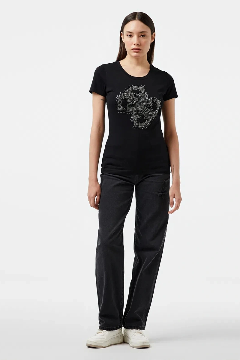 Guess Kadın 4G Logolu Siyah Streç T-shirt