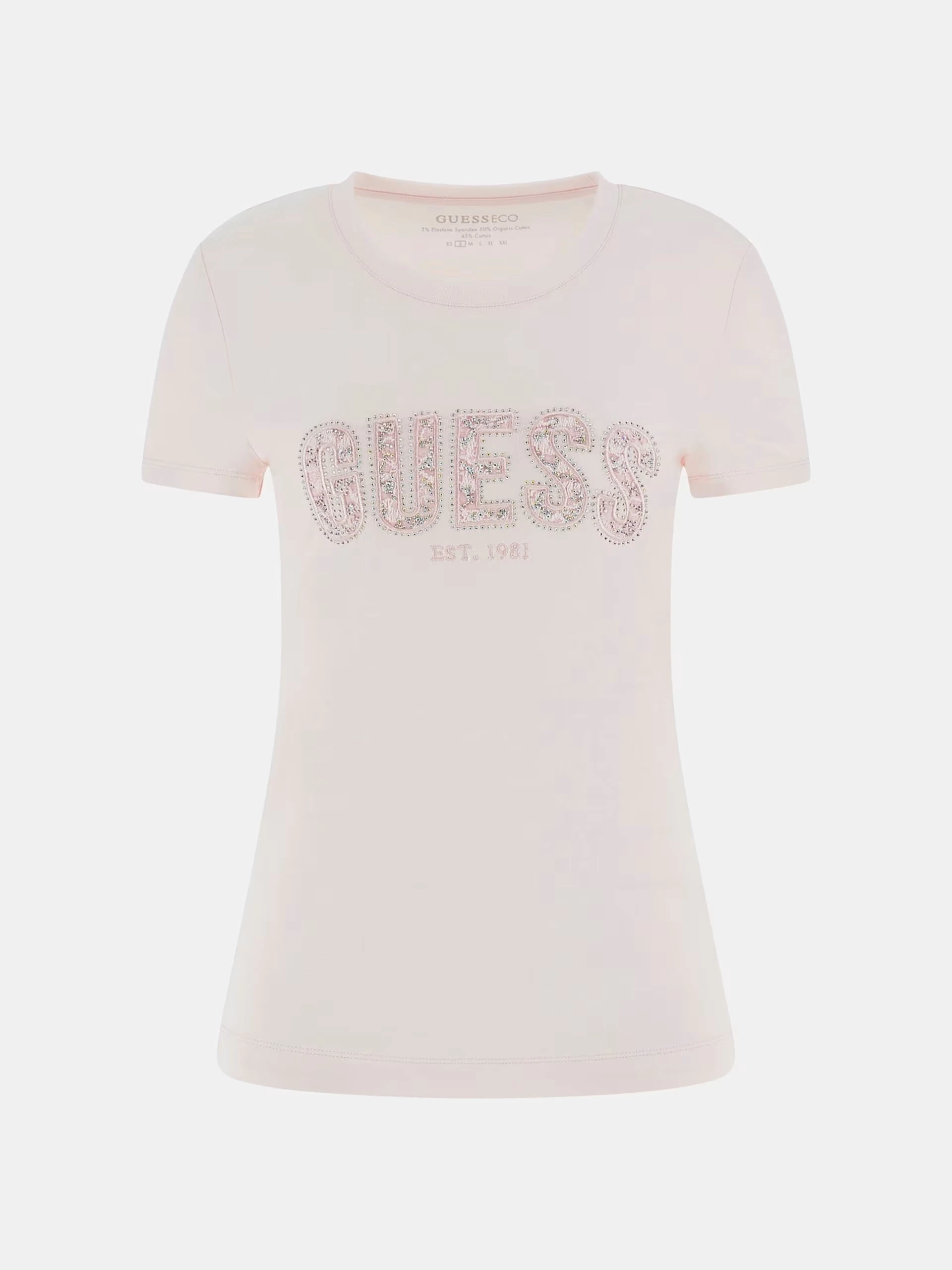 Guess Kadın Pembe Dantel Detaylı Logolu Tişört