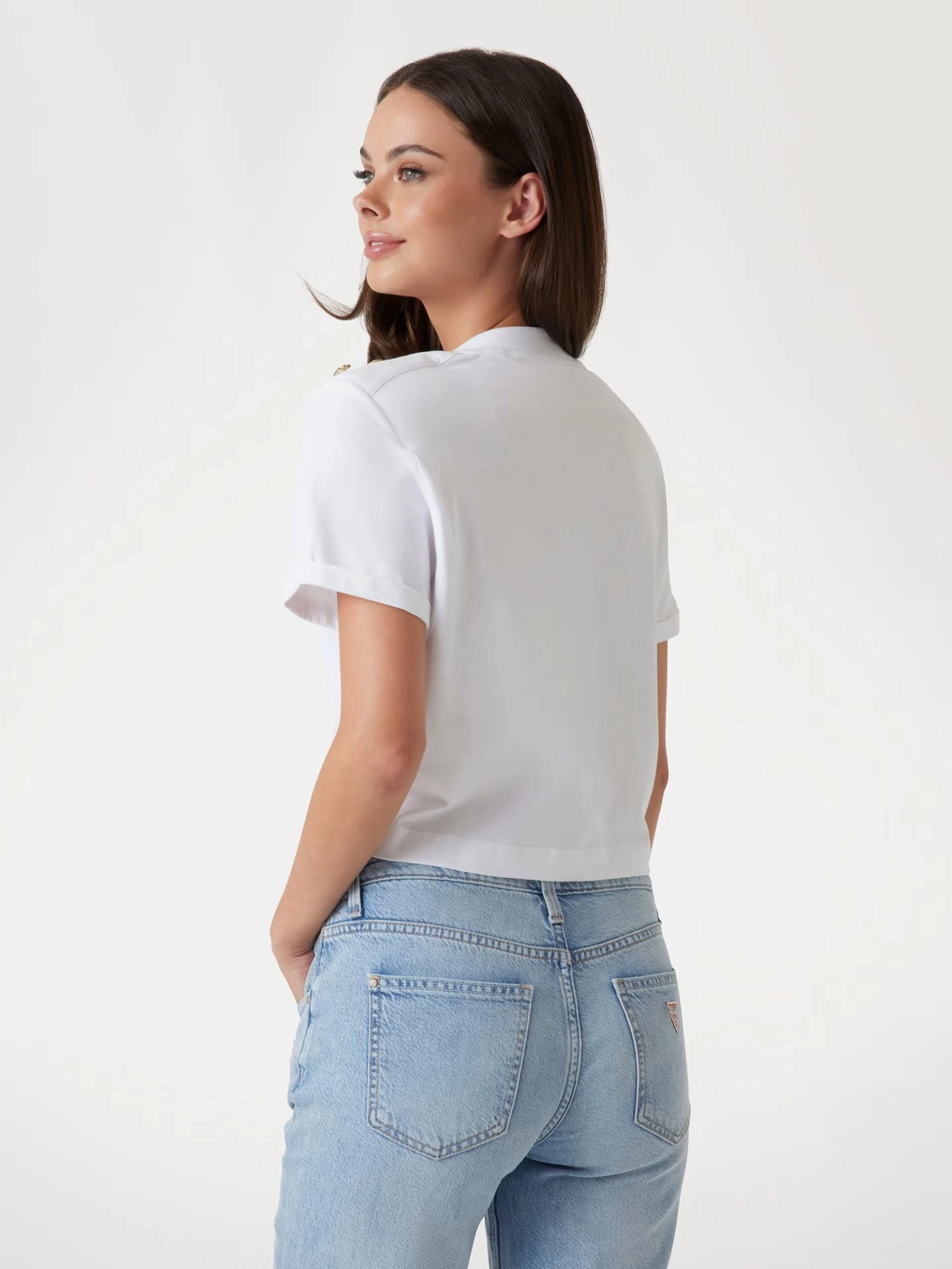 Guess Kadın Beyaz Crop  Logolu Tişört