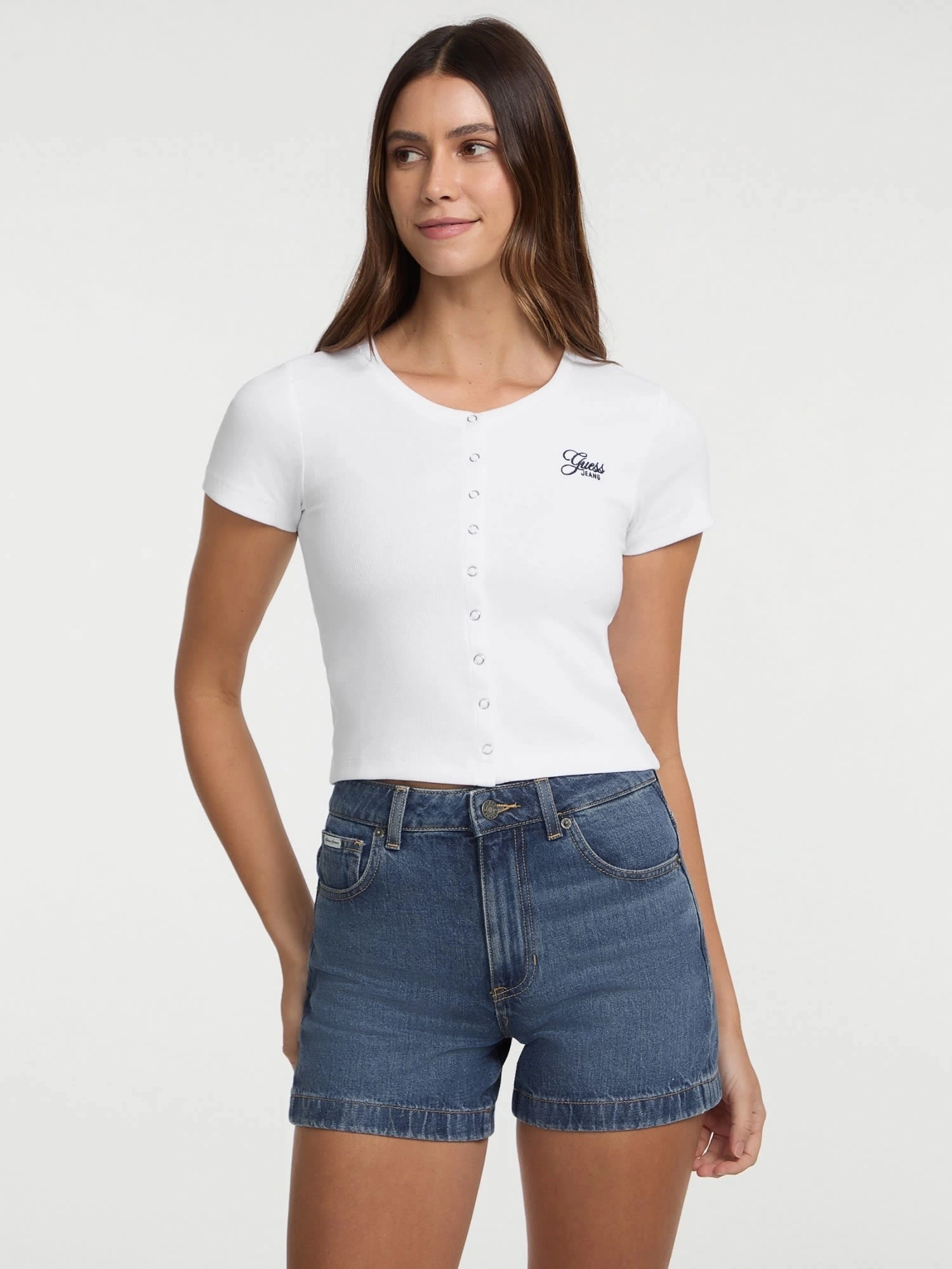 Guess Kadın Beyaz Düğme Detaylı Slim Üst