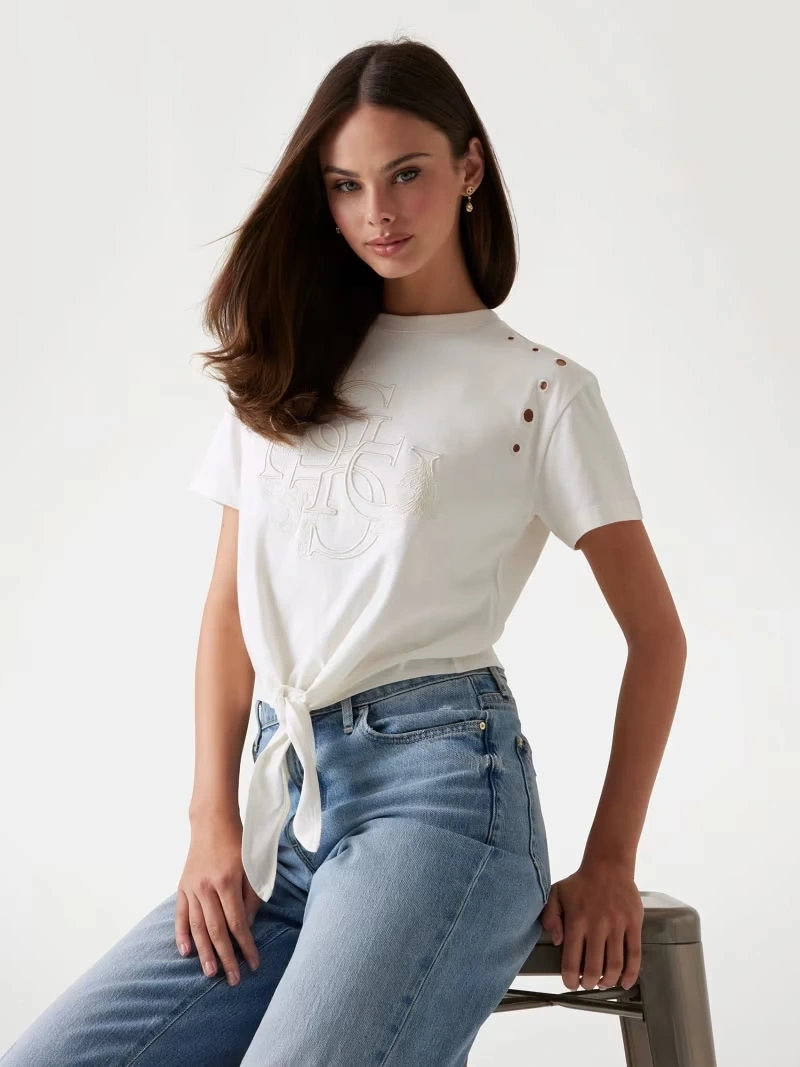 Guess Kadın Beyaz Eyelet Ton Sür Ton Tişört