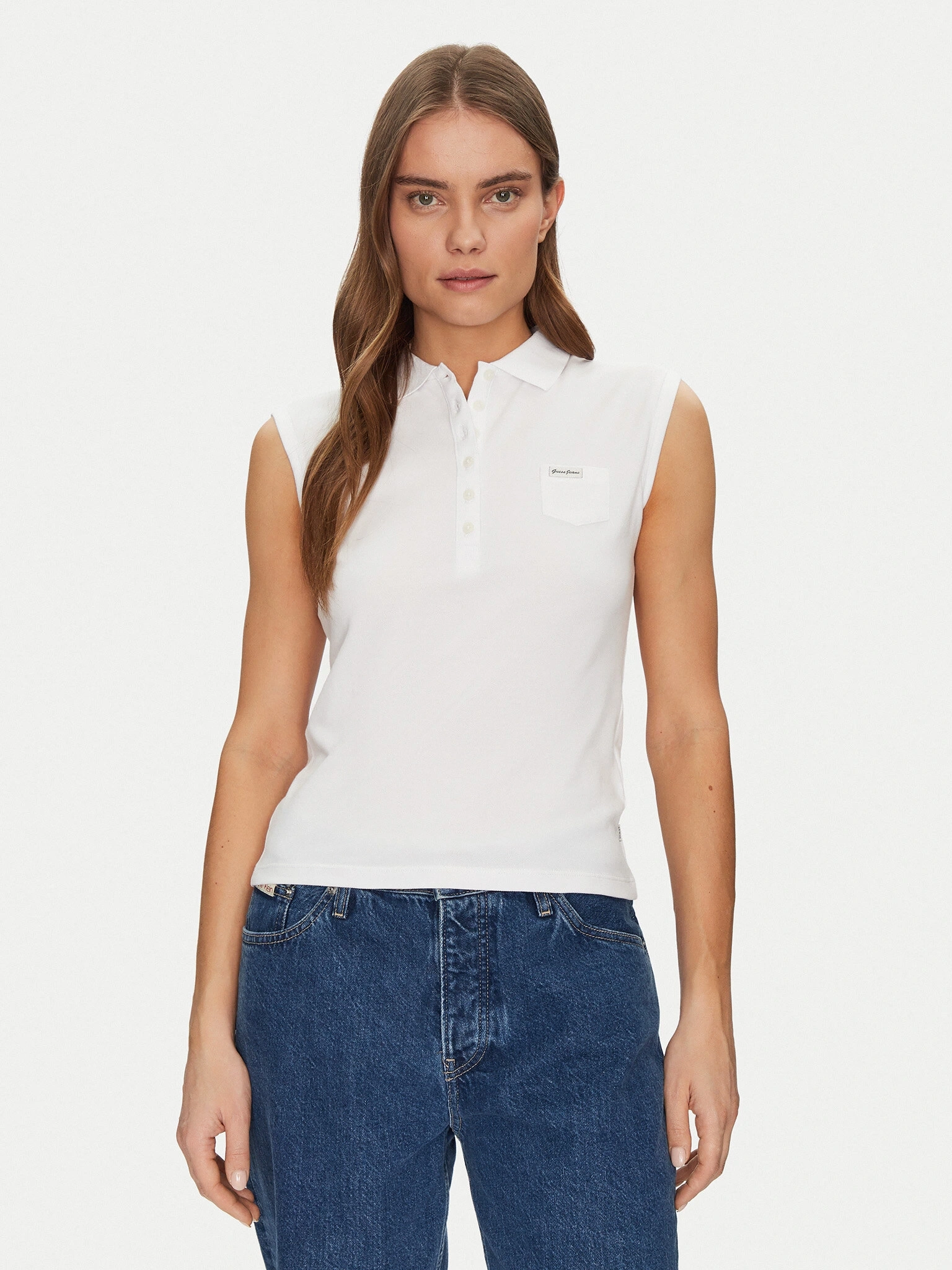 Guess Kadın Beyaz Kolsuz Slim Fit Polo Üst