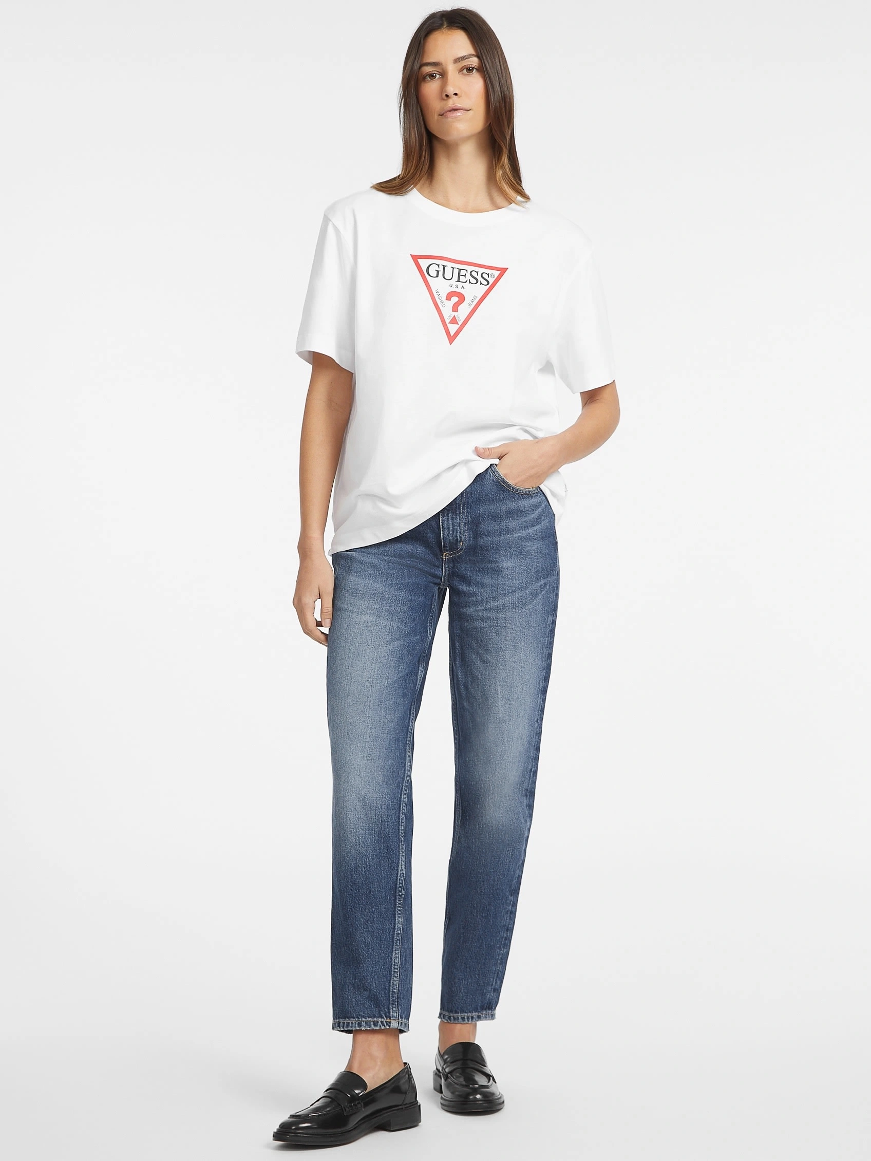 Guess Kadın Beyaz Oversize Bisiklet Yaka Pamuklu T-shirt