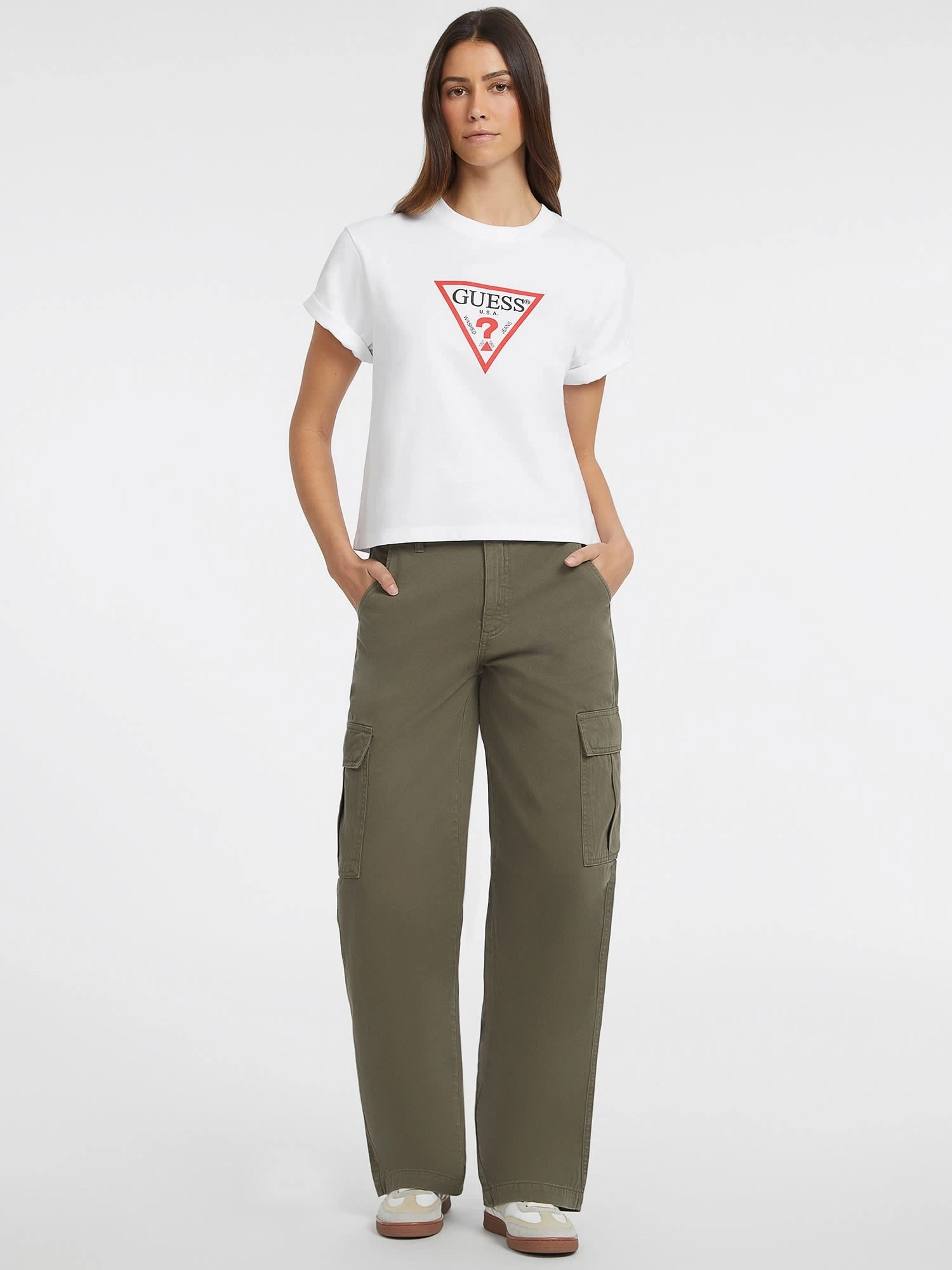 Guess Kadın Beyaz Oversize Bisiklet Yaka Pamuklu T-shirt