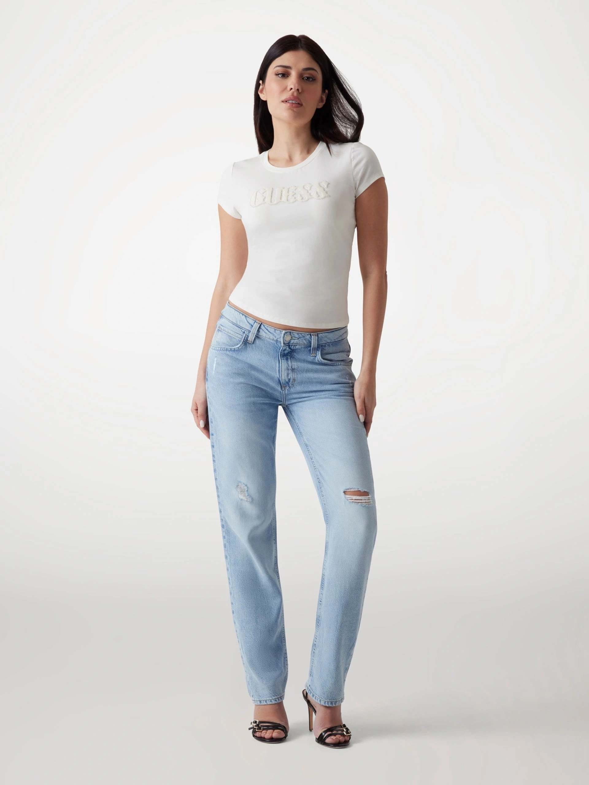 Guess Kadın Beyaz Pony Hair Logolu Tişört