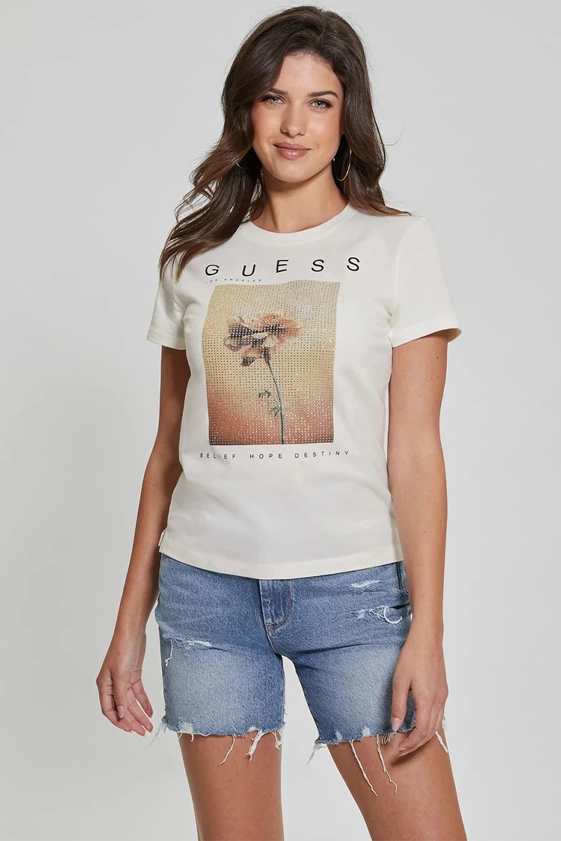 Guess Kadın Çiçek Baskılı Beyaz T-Shirt