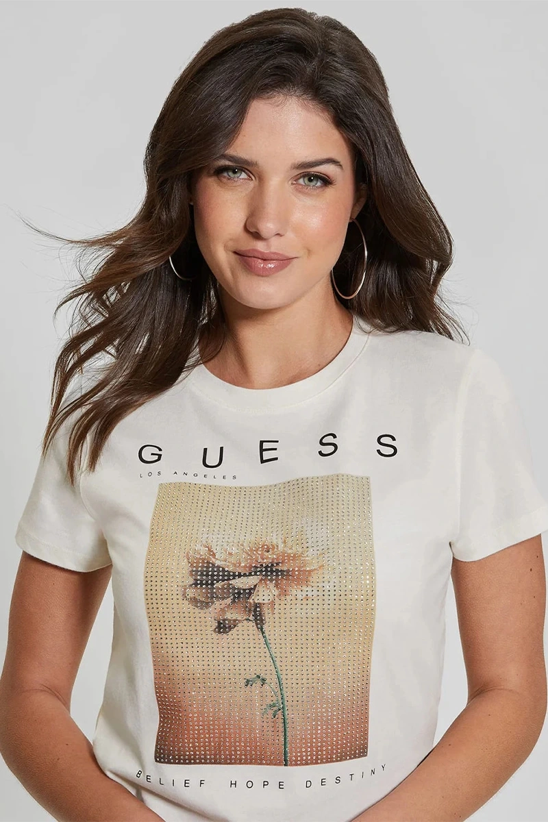 Guess Kadın Çiçek Baskılı Beyaz T-Shirt