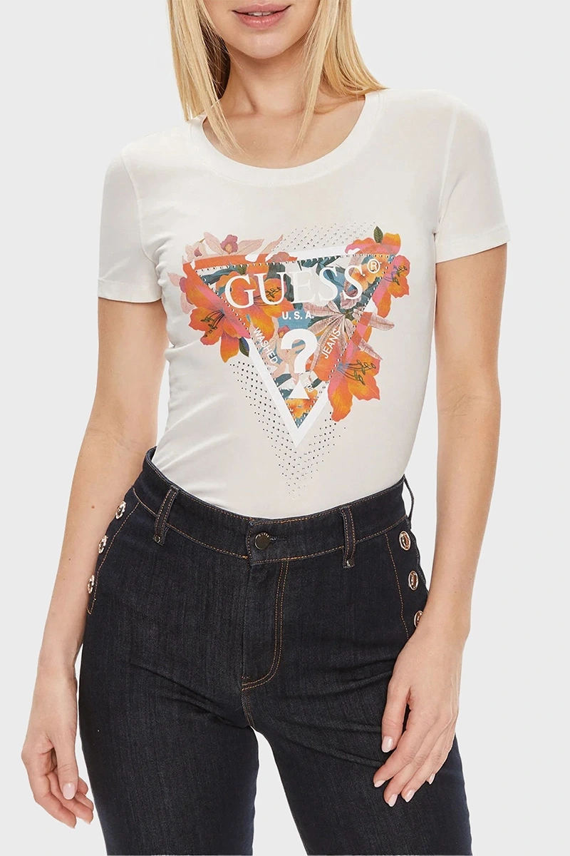 Guess Kadın Çiçek Logolu Steç Pembe T-Shirt
