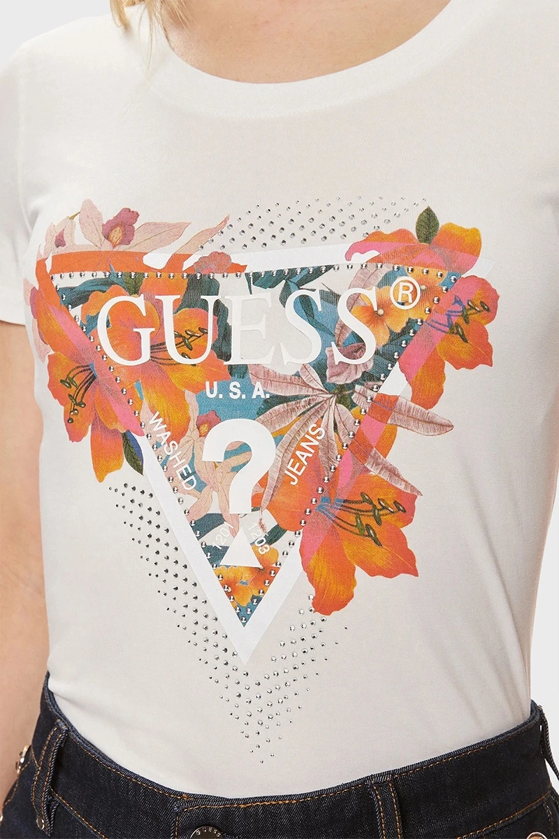 Guess Kadın Çiçek Logolu Steç Pembe T-Shirt