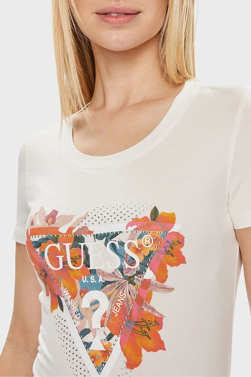 Guess Kadın Çiçek Logolu Steç Pembe T-Shirt