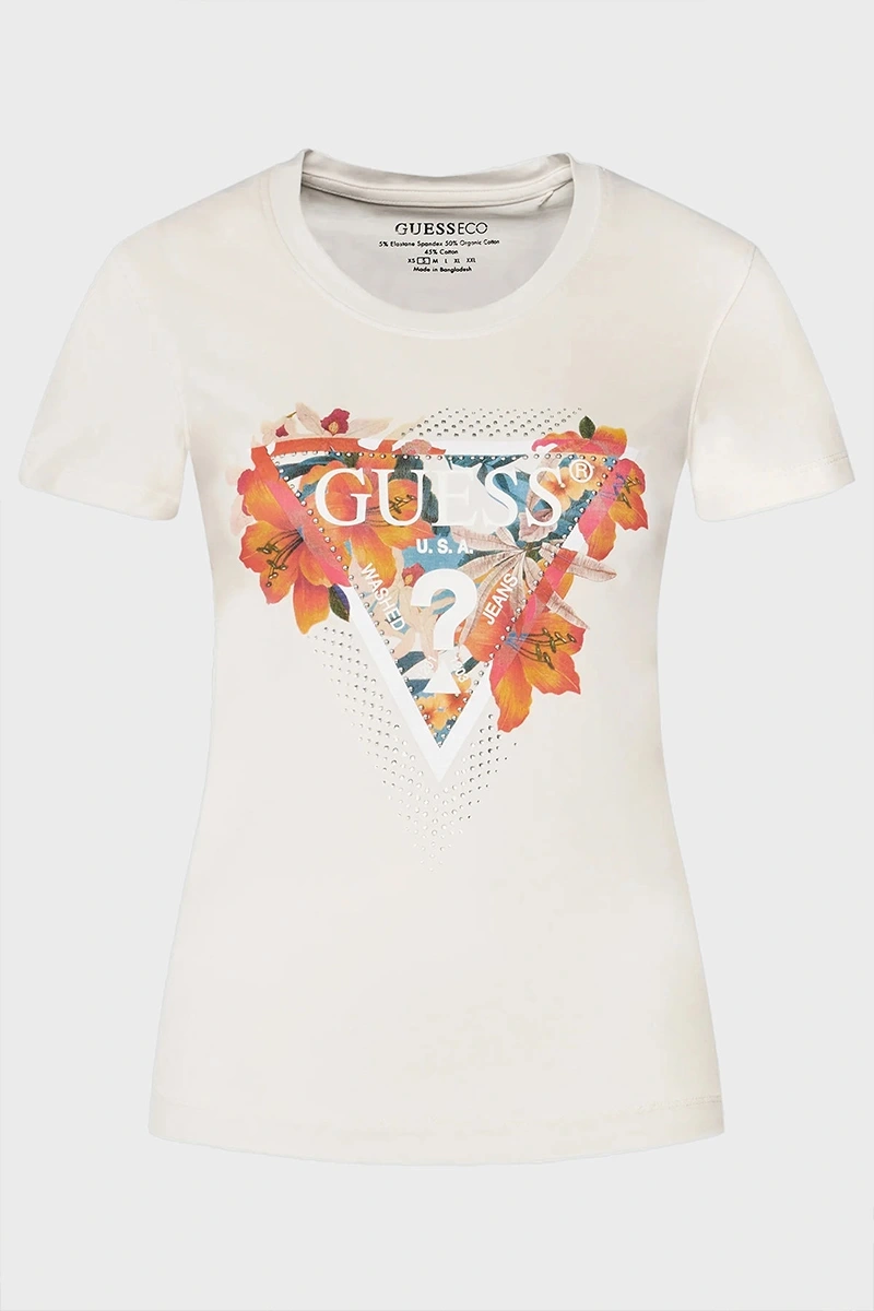 Guess Kadın Çiçek Logolu Steç Pembe T-Shirt