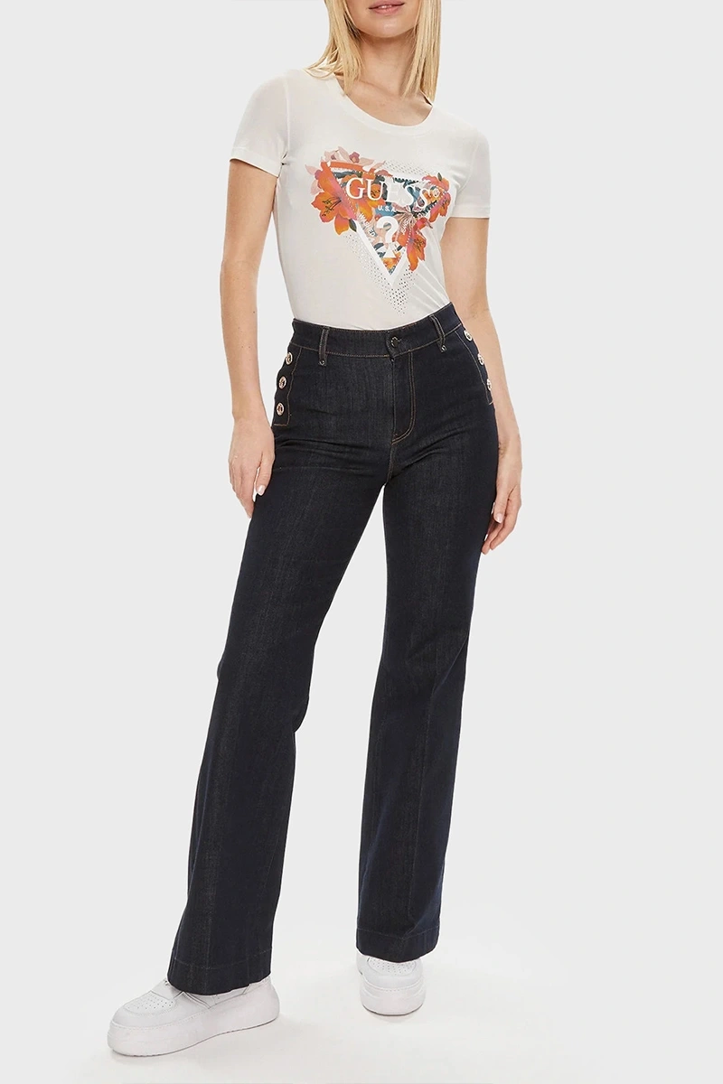 Guess Kadın Çiçek Logolu Steç Pembe T-Shirt