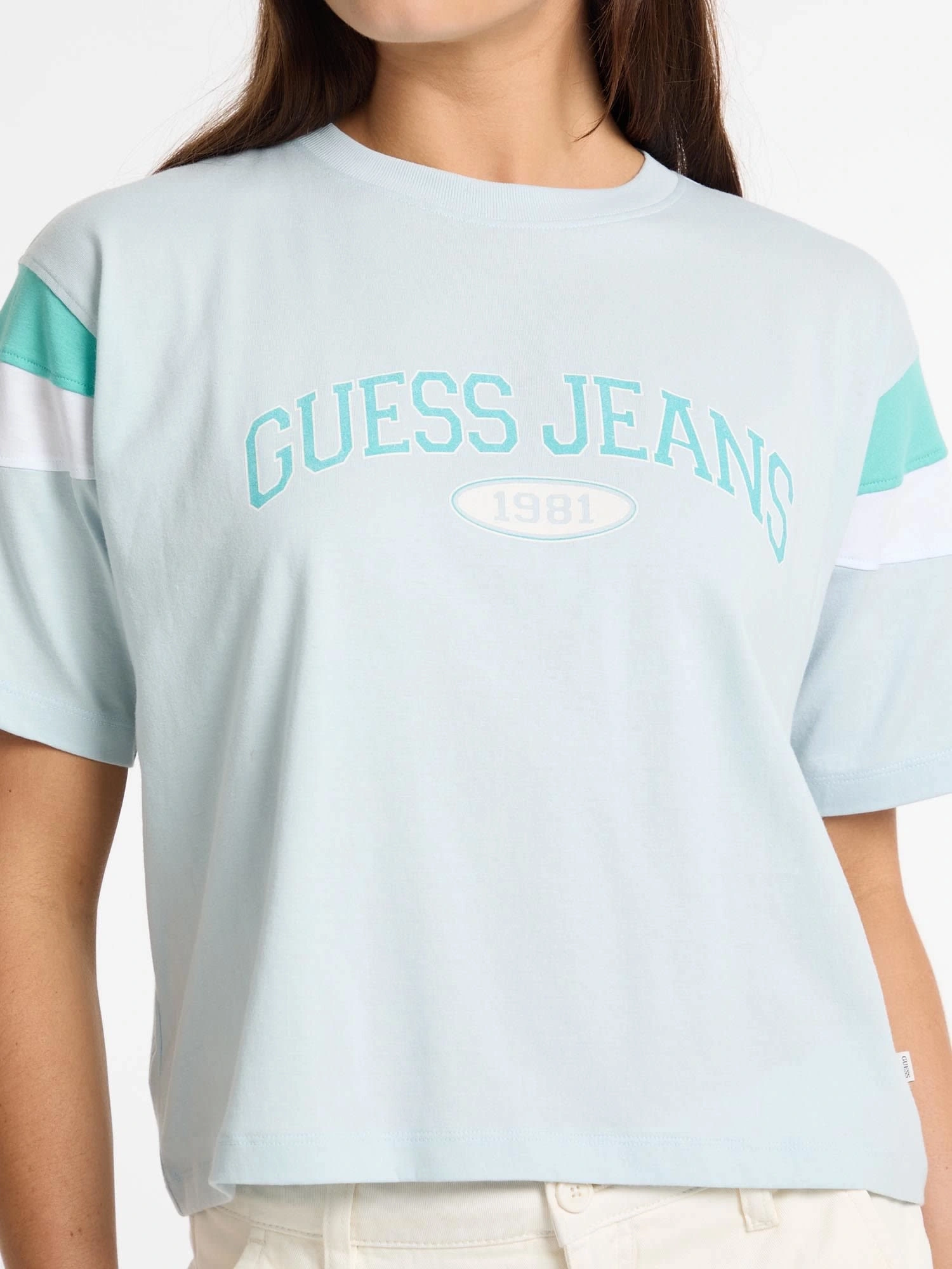 Guess Kadın Mavi Boxy Kesim Kısa Kollu Tişört