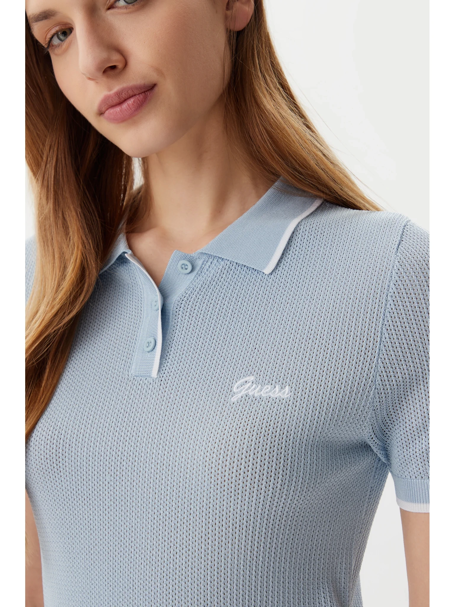 Guess Kadın Mavi Polo Yaka Triko Kazak