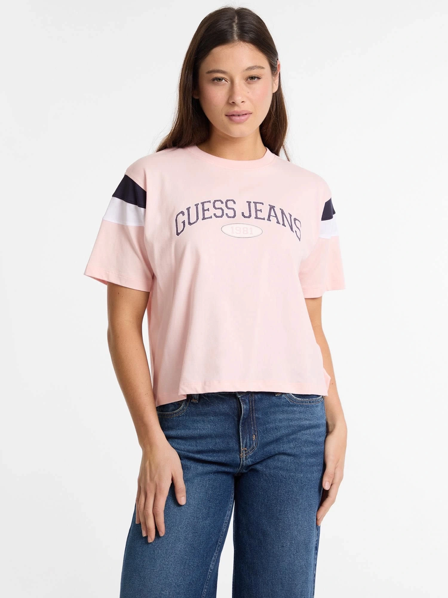 Guess Kadın Pembe Boxy Kesim Kısa Kollu Tişört