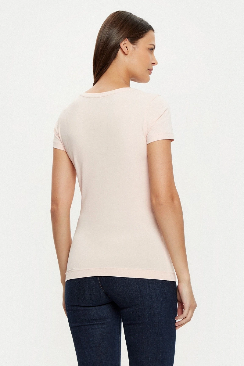 Guess Kadın Pembe Logo Baskılı Jarse V Yaka T-Shirt