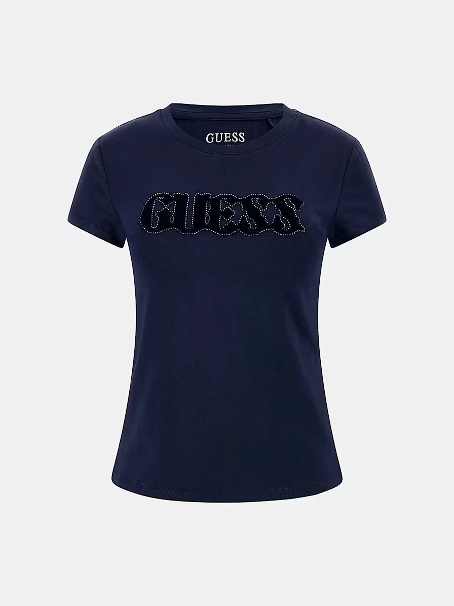 Guess Kadın Lacivert Pony Hair Logolu Tişört