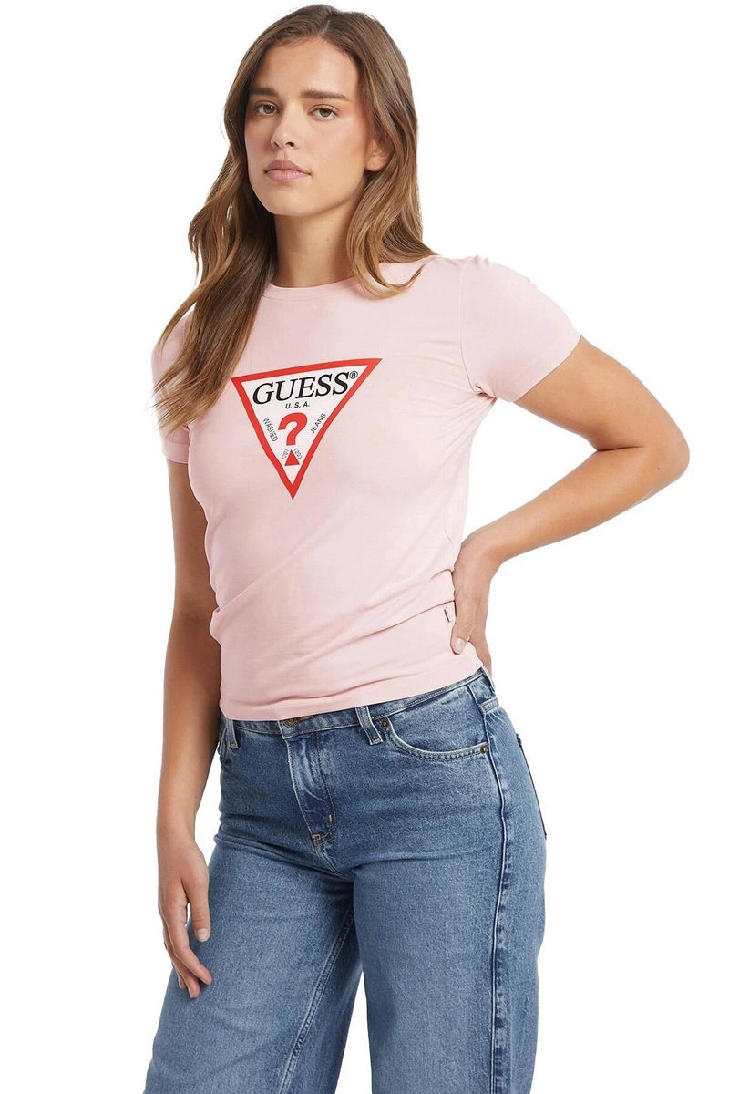 GUESS Kadın Pembe Slim Fit T-shirt Iconic Mid Organic Stretc