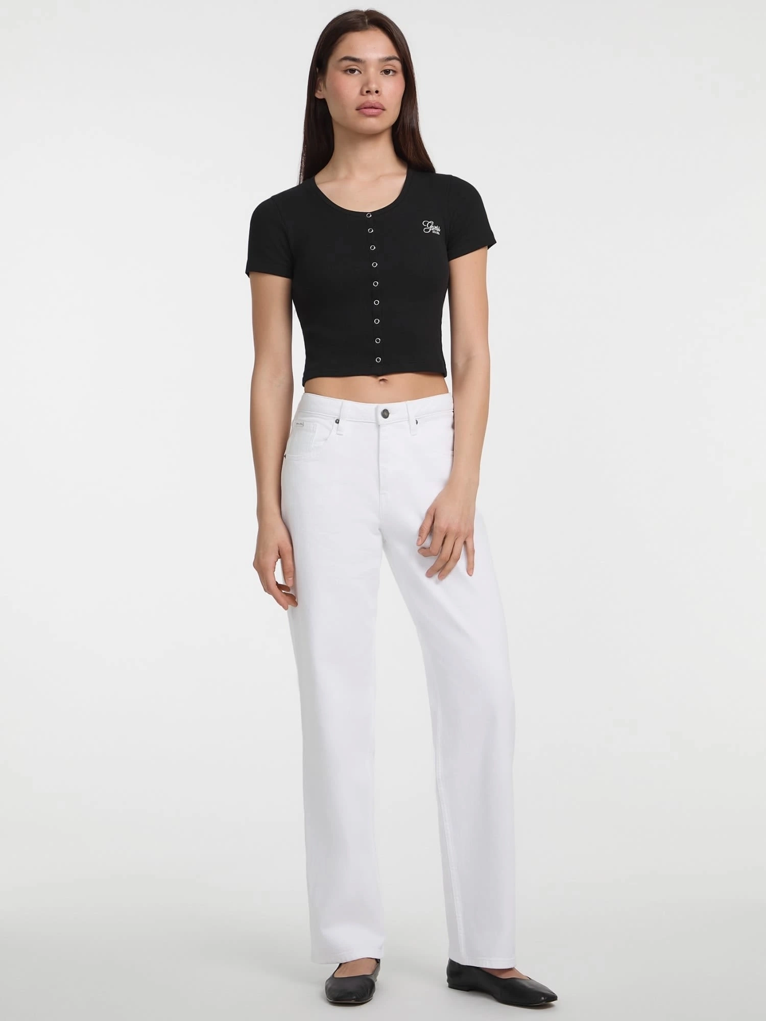 Guess Kadın Siyah Düğme Detaylı Slim Üst