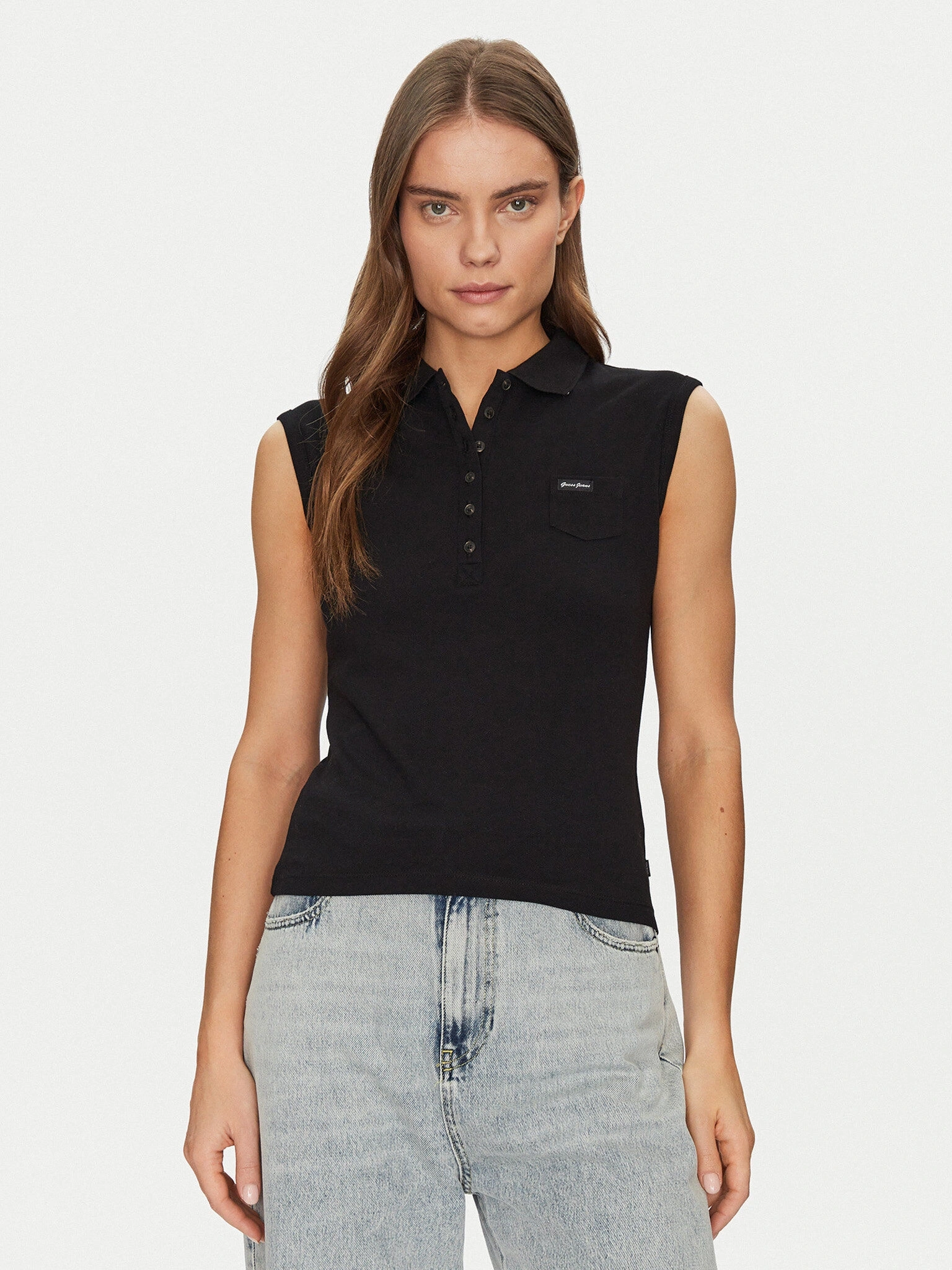 Guess Kadın Siyah Kolsuz Slim Fit Polo Üst