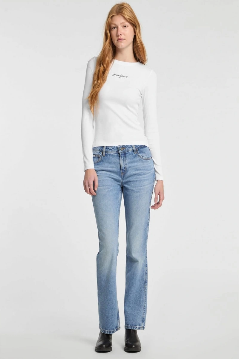 GUESS Kadın Slim Fit Ribbed T-shirt Uzun Kol Beyaz