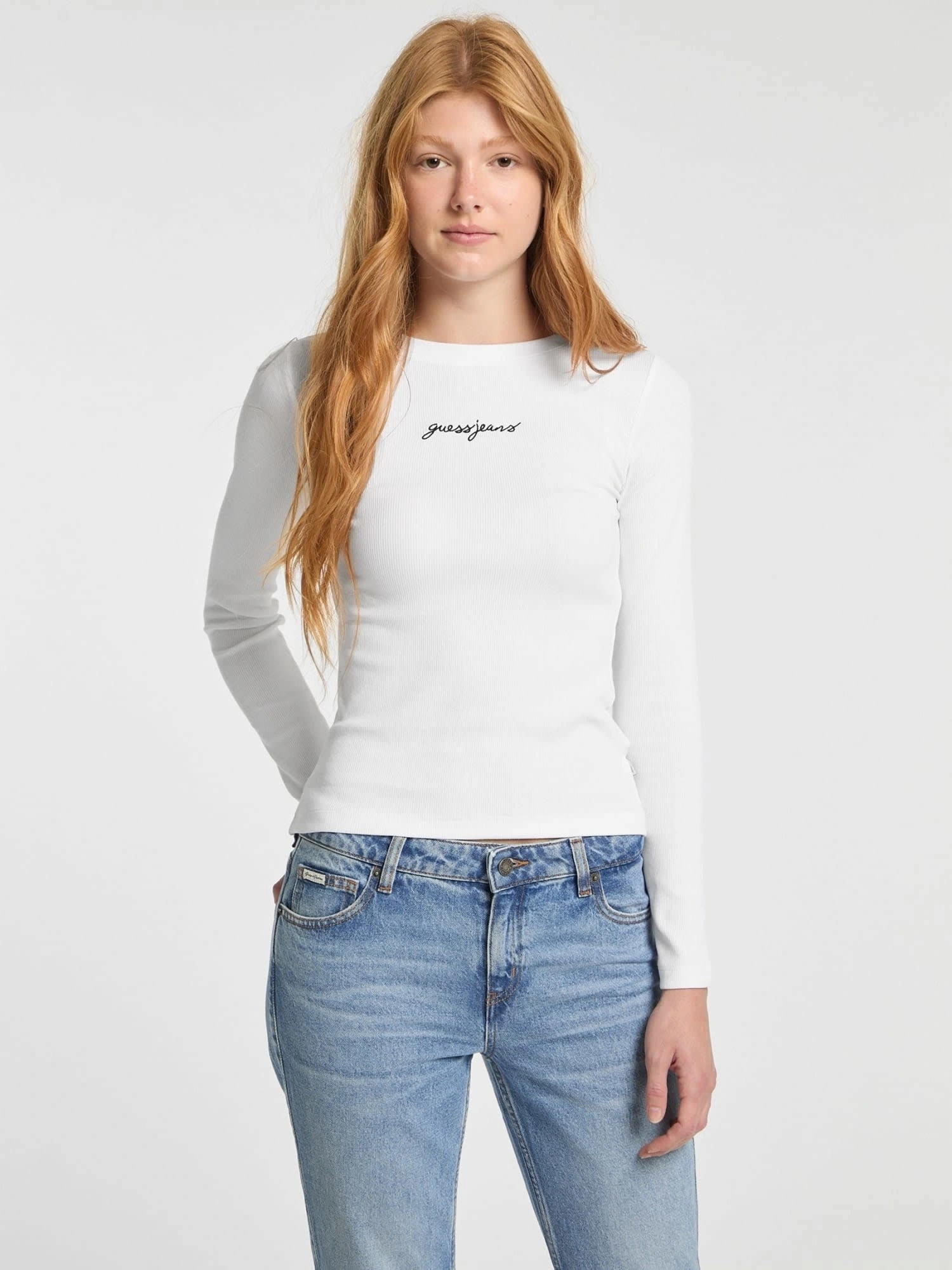 GUESS Kadın Slim Fit Ribbed T-shirt Uzun Kol Beyaz