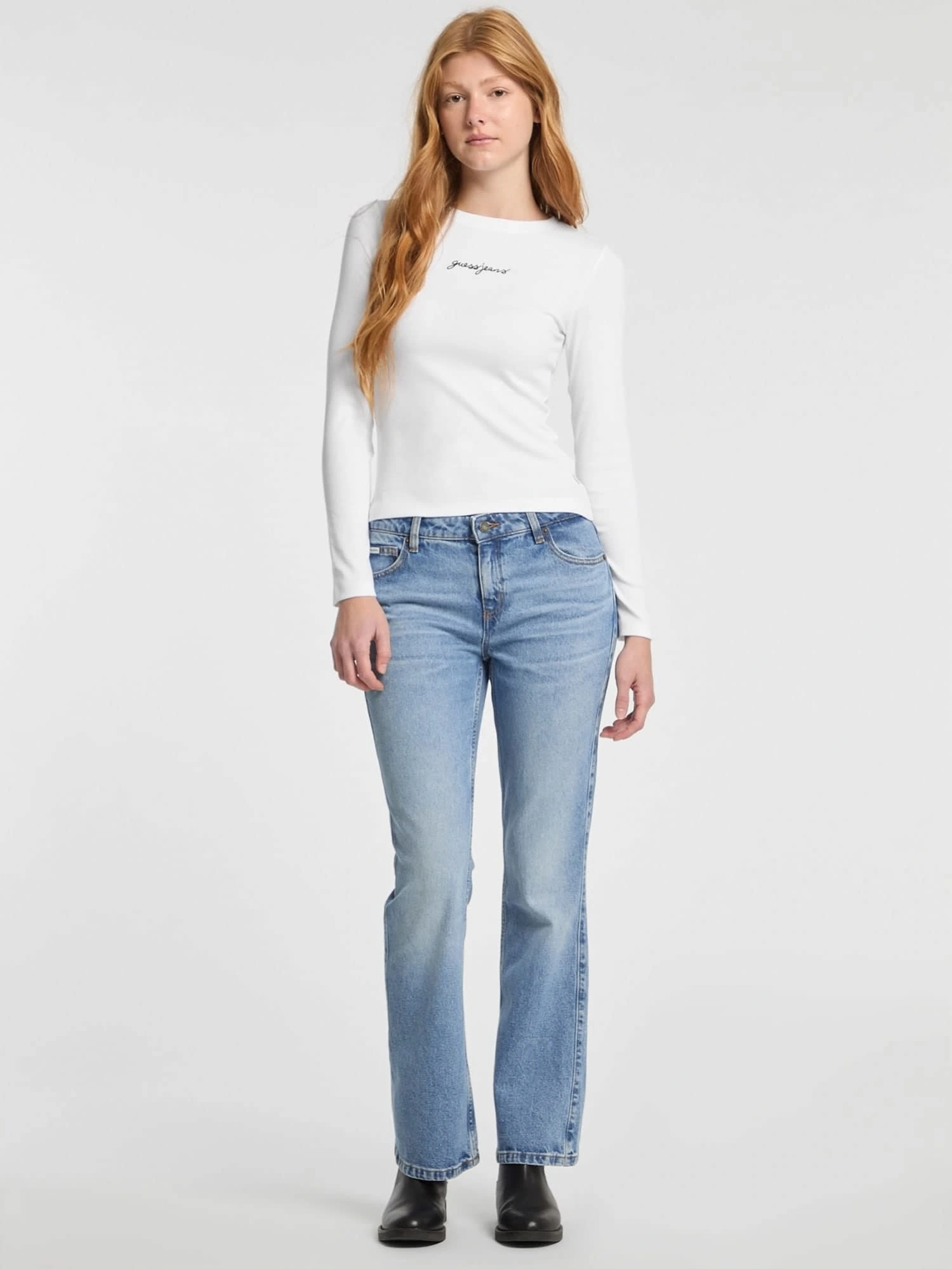 GUESS Kadın Slim Fit Ribbed T-shirt Uzun Kol Beyaz