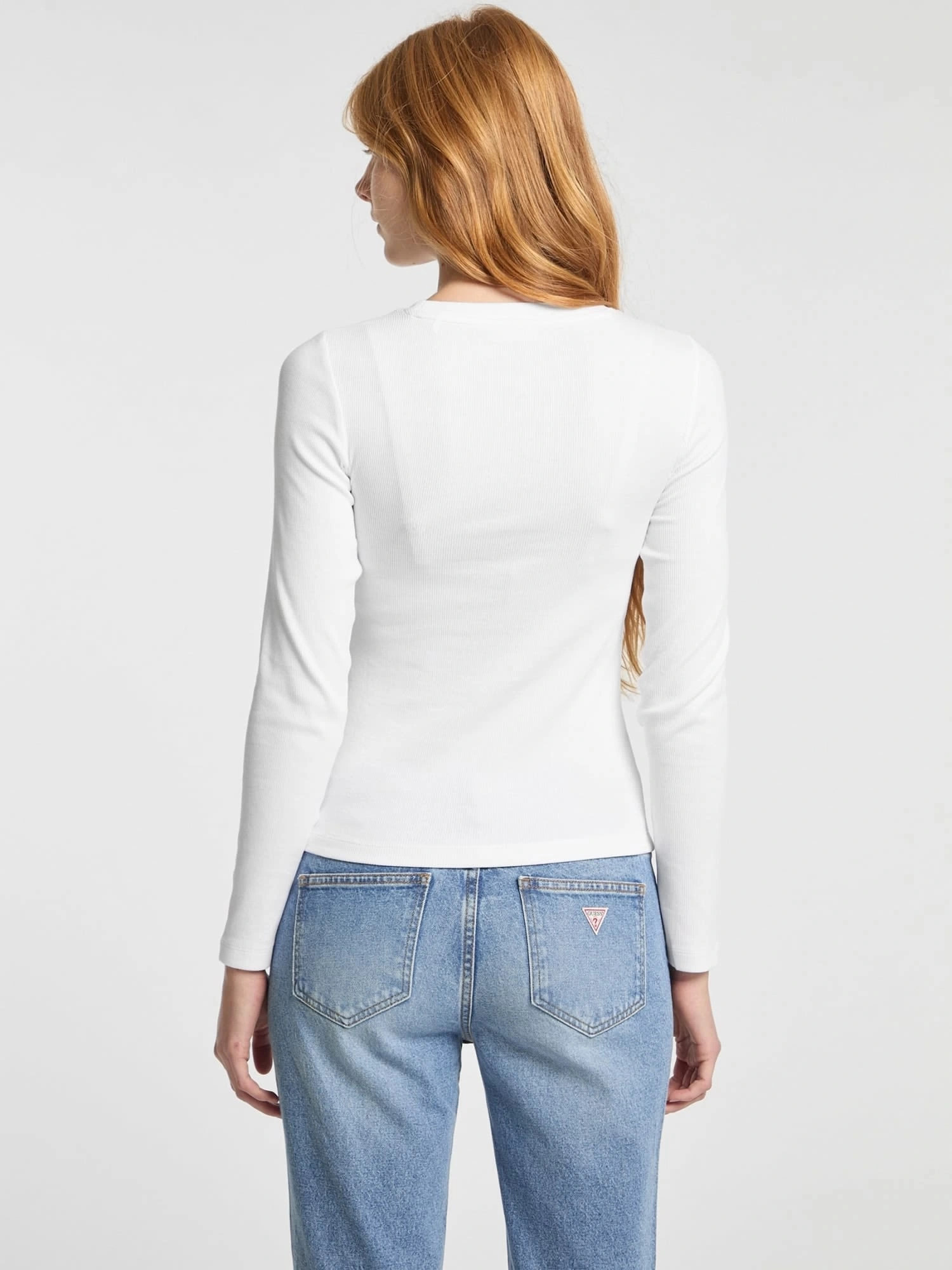 GUESS Kadın Slim Fit Ribbed T-shirt Uzun Kol Beyaz