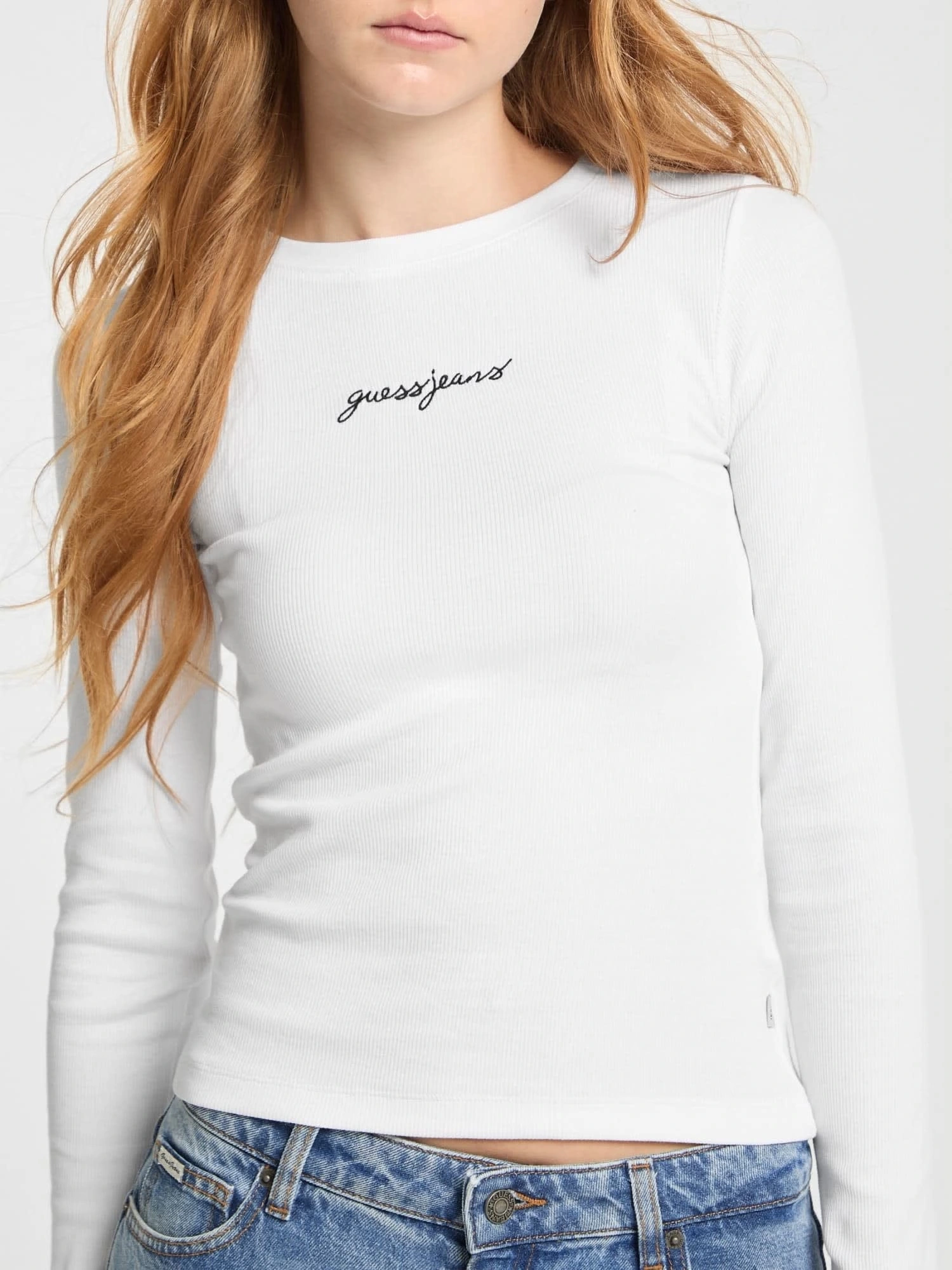 GUESS Kadın Slim Fit Ribbed T-shirt Uzun Kol Beyaz