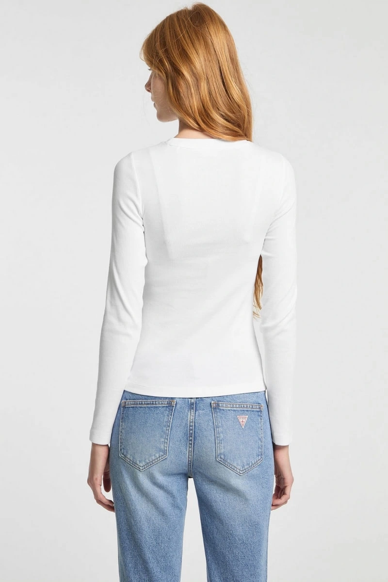 GUESS Kadın Slim Fit Ribbed T-shirt Uzun Kol Beyaz