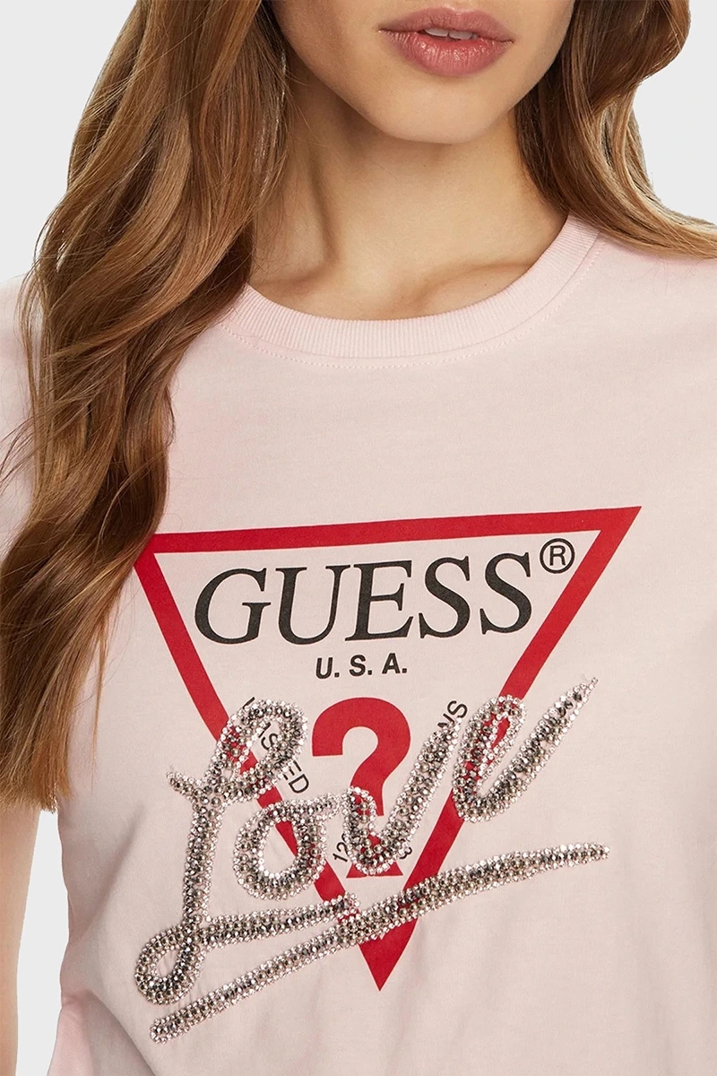 Guess Kadın Taşlı Love Logolu Pembe T-Shirt