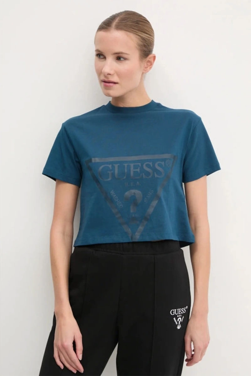 Guess Kadın Üçgen Logolu Mavi T-shirt