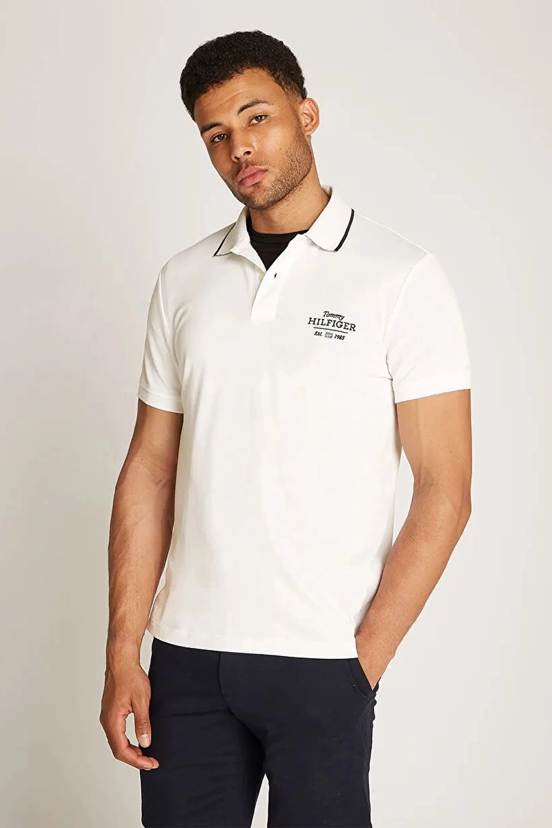 Tommy Hilfiger Erkek Nakışlı Logo Polo Yaka Beyaz T-shirt