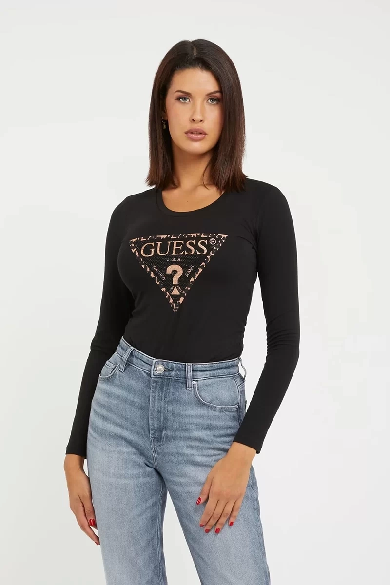 Guess Üçgen Logolu Esnek T- Shirt Siyah