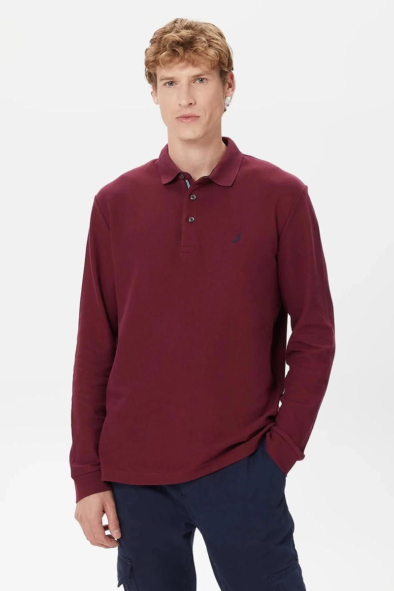 Nautica Erkek Bordo Classic Fit Uzun Kollu Polo Kazak