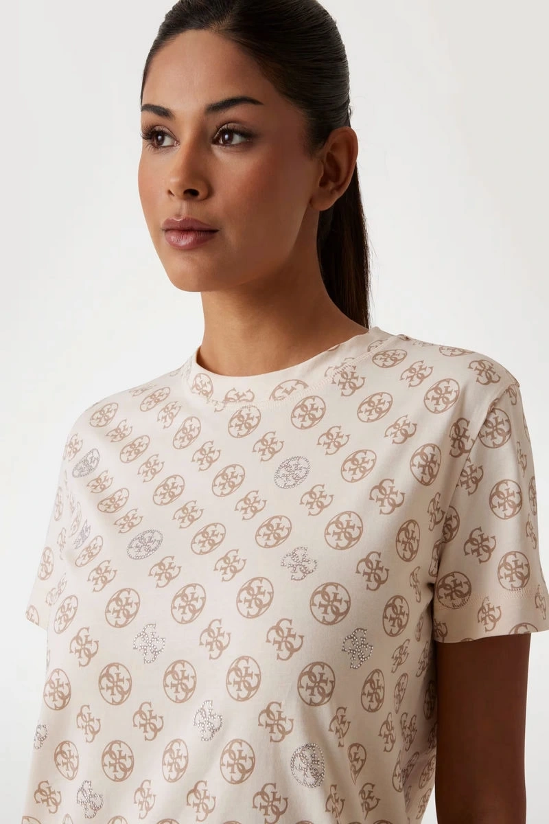 Guess Kadın Krem 4G Logolu T-Shirt