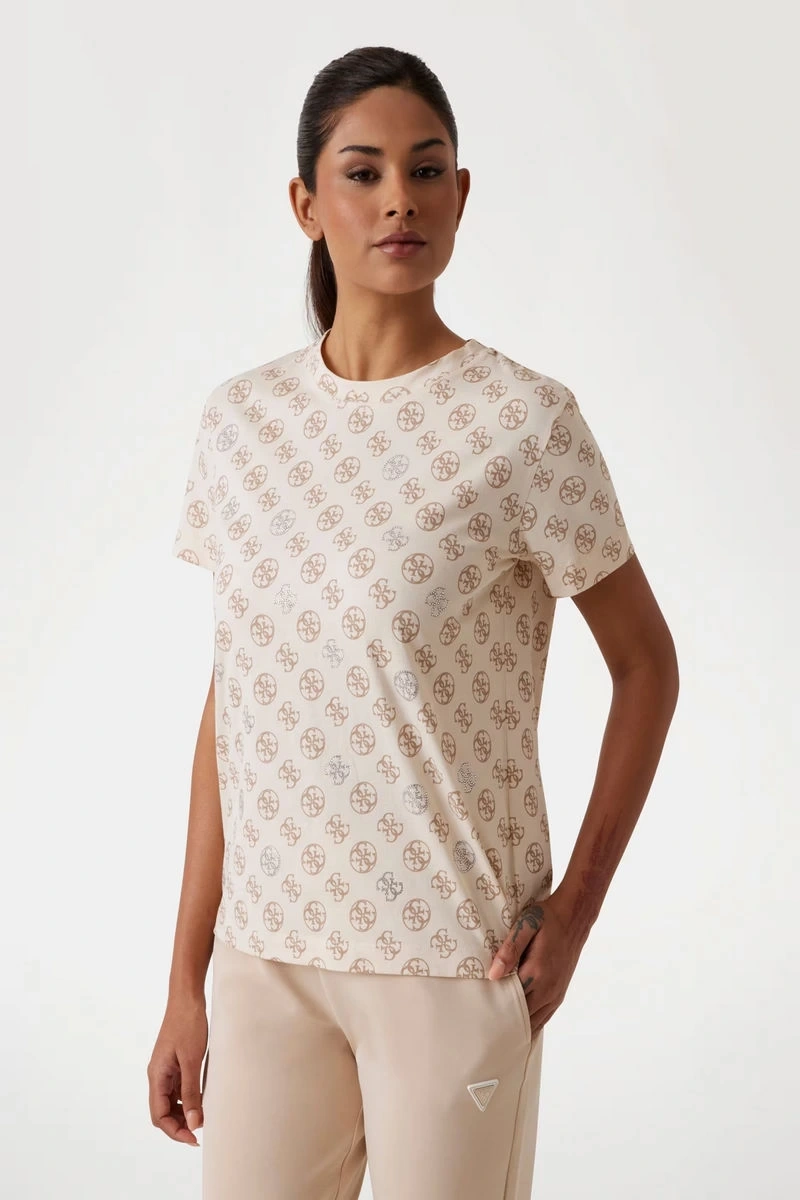 Guess Kadın Krem 4G Logolu T-Shirt