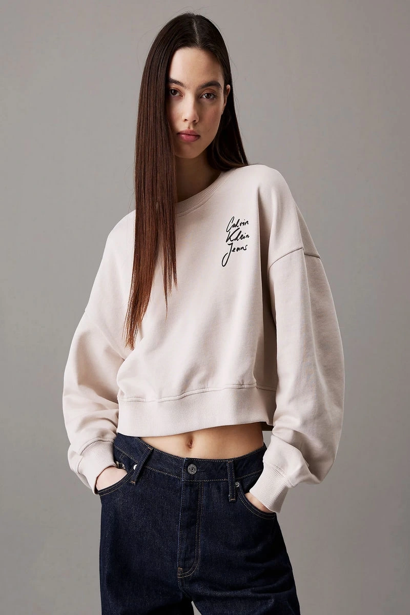 Calvin Klein Kadın Bisiklet Yaka Bej Crop Sweatshirt