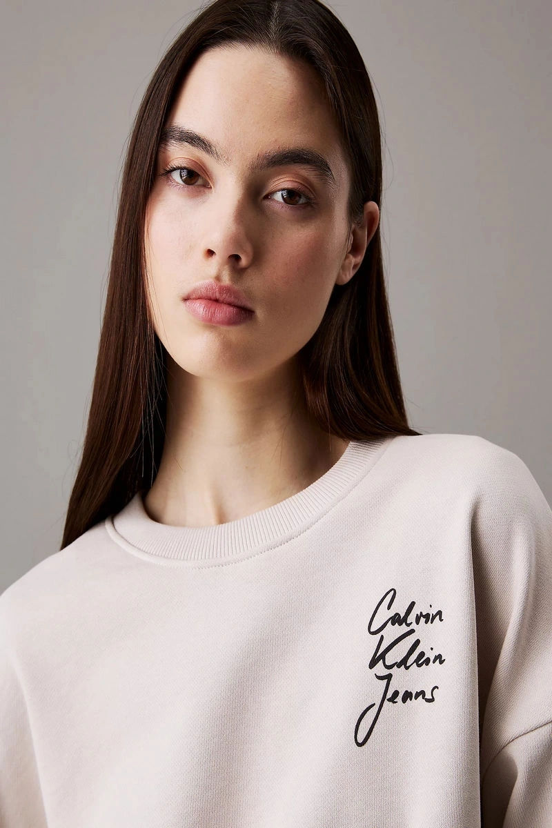 Calvin Klein Kadın Bisiklet Yaka Bej Crop Sweatshirt