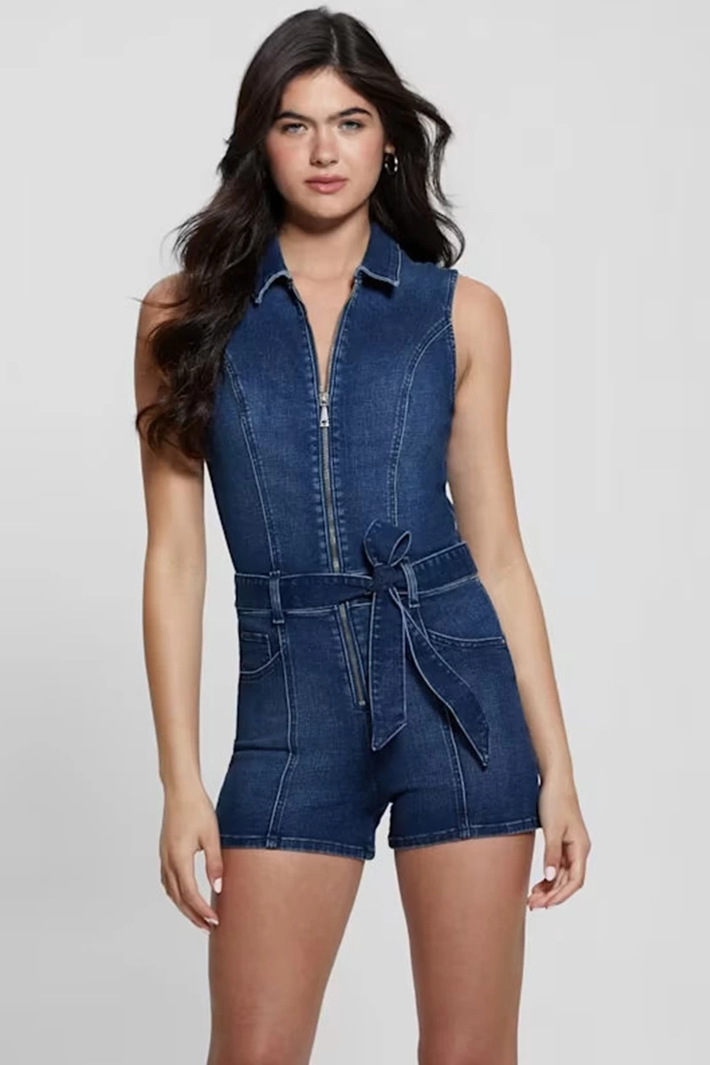 Guess Kadın Kimora Fermuarlı Lacivert Denim Tulum