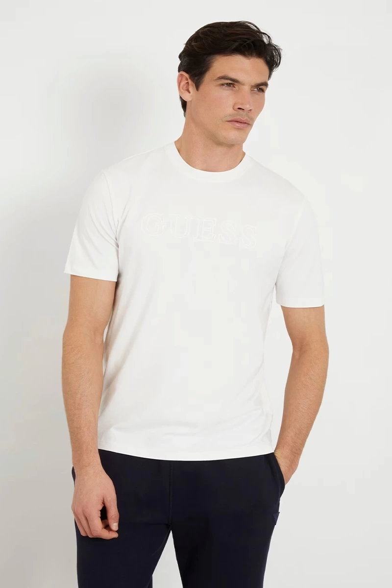 Guess Erkek Alphy Önü Logolu Krem T-Shirt