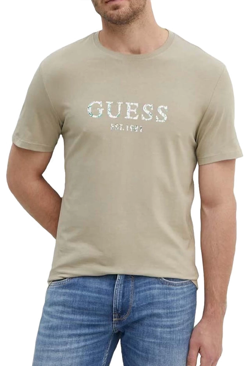 Guess Erkek Bej Önü Logolu T-Shirt