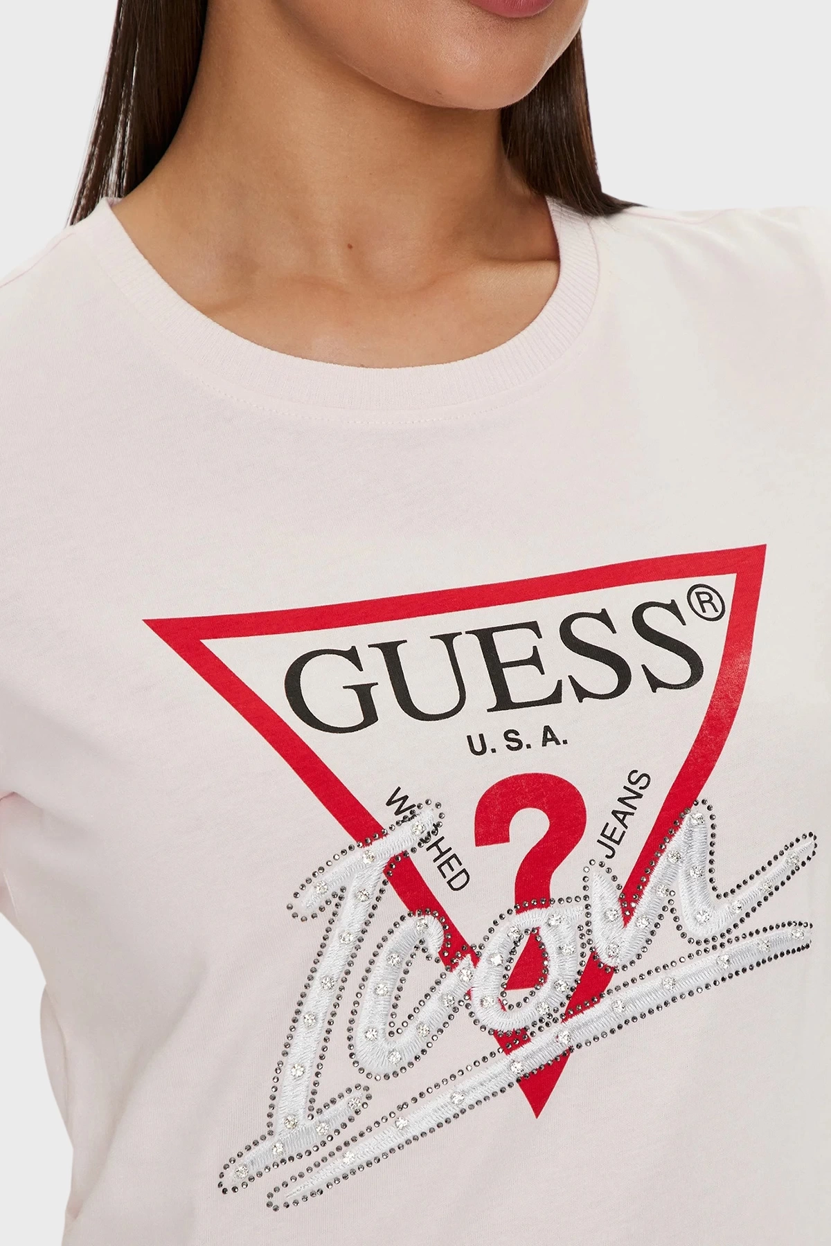 Guess Kadın Pudra Icon Logolu Regular Fit T Shirt