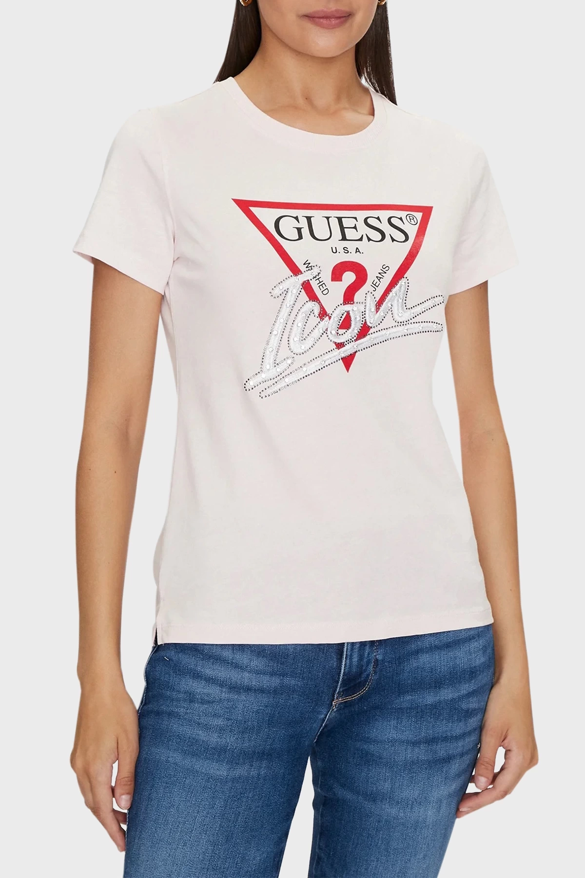 Guess Kadın Pudra Icon Logolu Regular Fit T Shirt