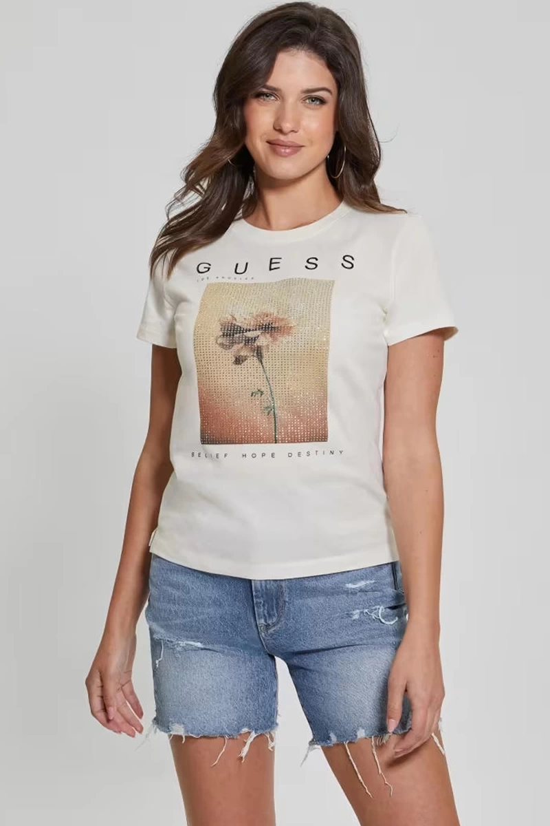 Guess Kadın Çiçek Baskılı Beyaz T-Shirt