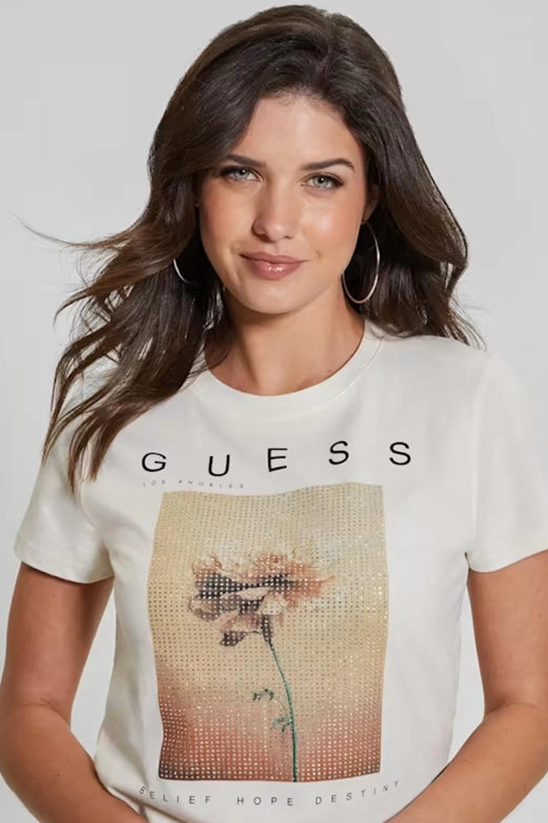 Guess Kadın Çiçek Baskılı Beyaz T-Shirt