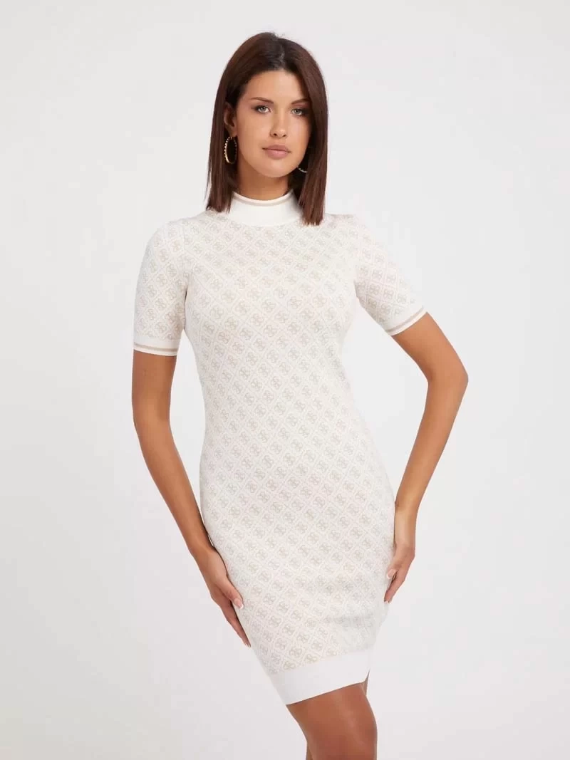 Guess  Bisiklet Yaka Logo Desenli Kısa Kollu Mini Elbise